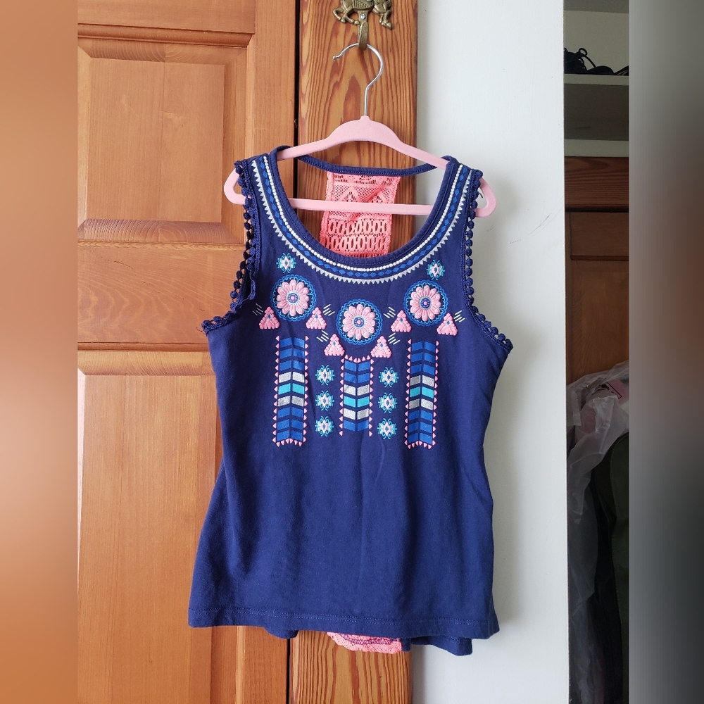 Navy Blue Lace Panel Tribal Floral Sleeveless Tank Top 10